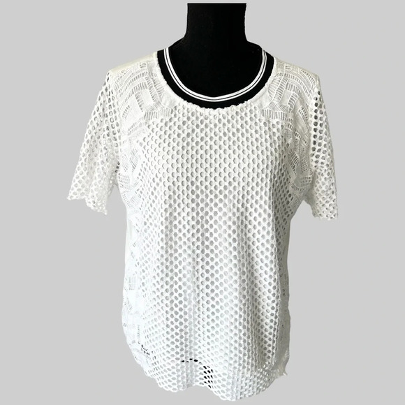 Trouve White  White Mesh CROCHET OVERLAY Blouse - Picture 1 of 16